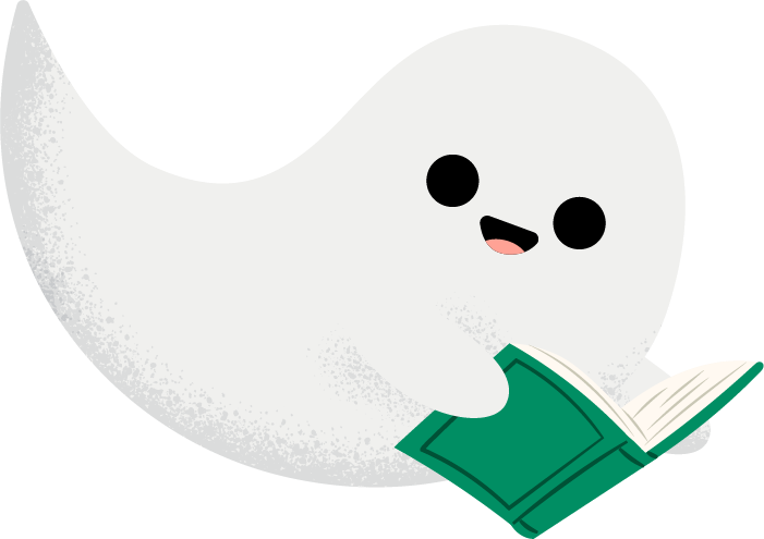 Illustration of a smiling ghost with book facing right