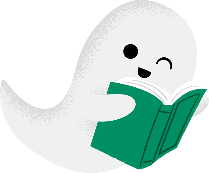 Illustration of a friendly winking ghost with a book facing to the right