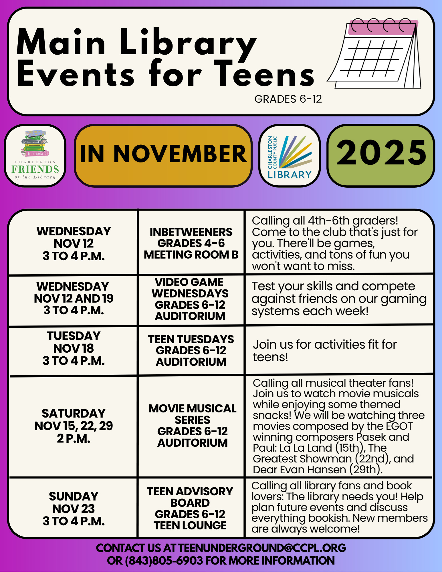 Main Library: Teen Lounge Events November 2025