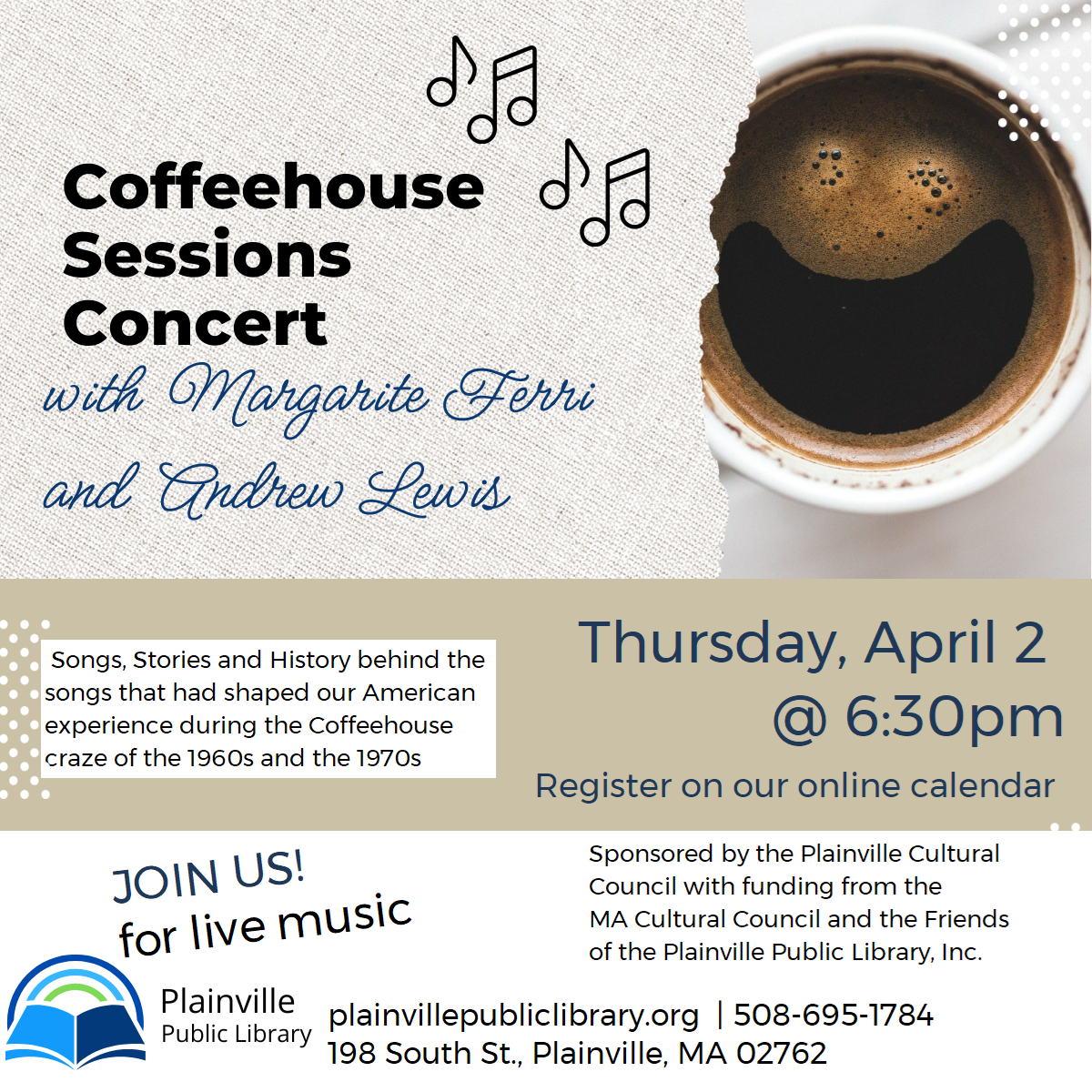 Coffeehouse sessions concert Thursday april 2 at 6:30pm