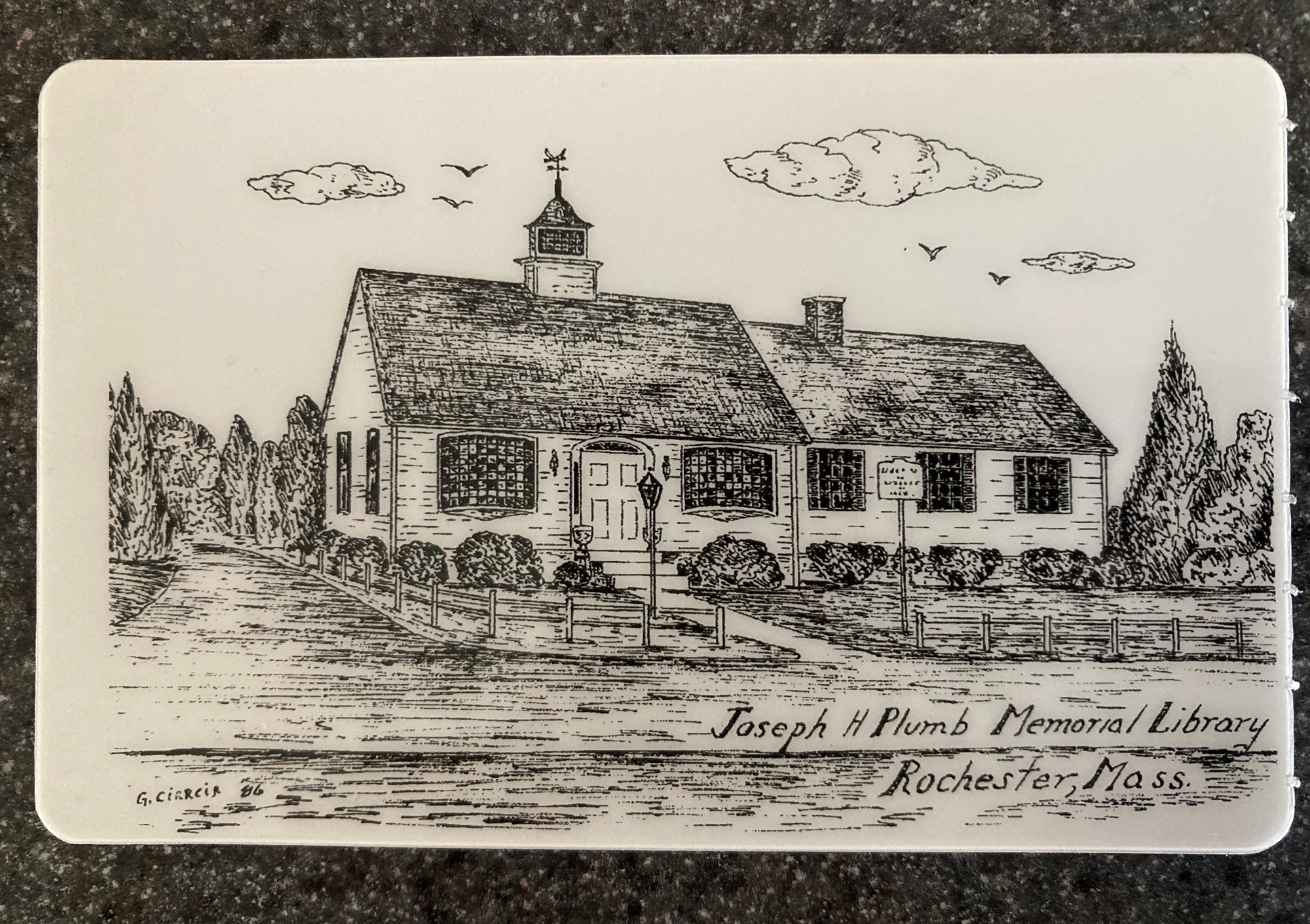 Teens reading Photo of 50th Anniversary Library Card featuring Plumb Library on front