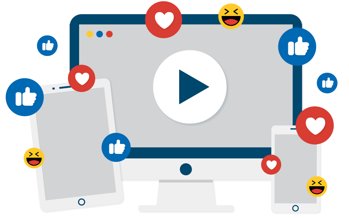 social media symbols flying around a computer and mobile devices