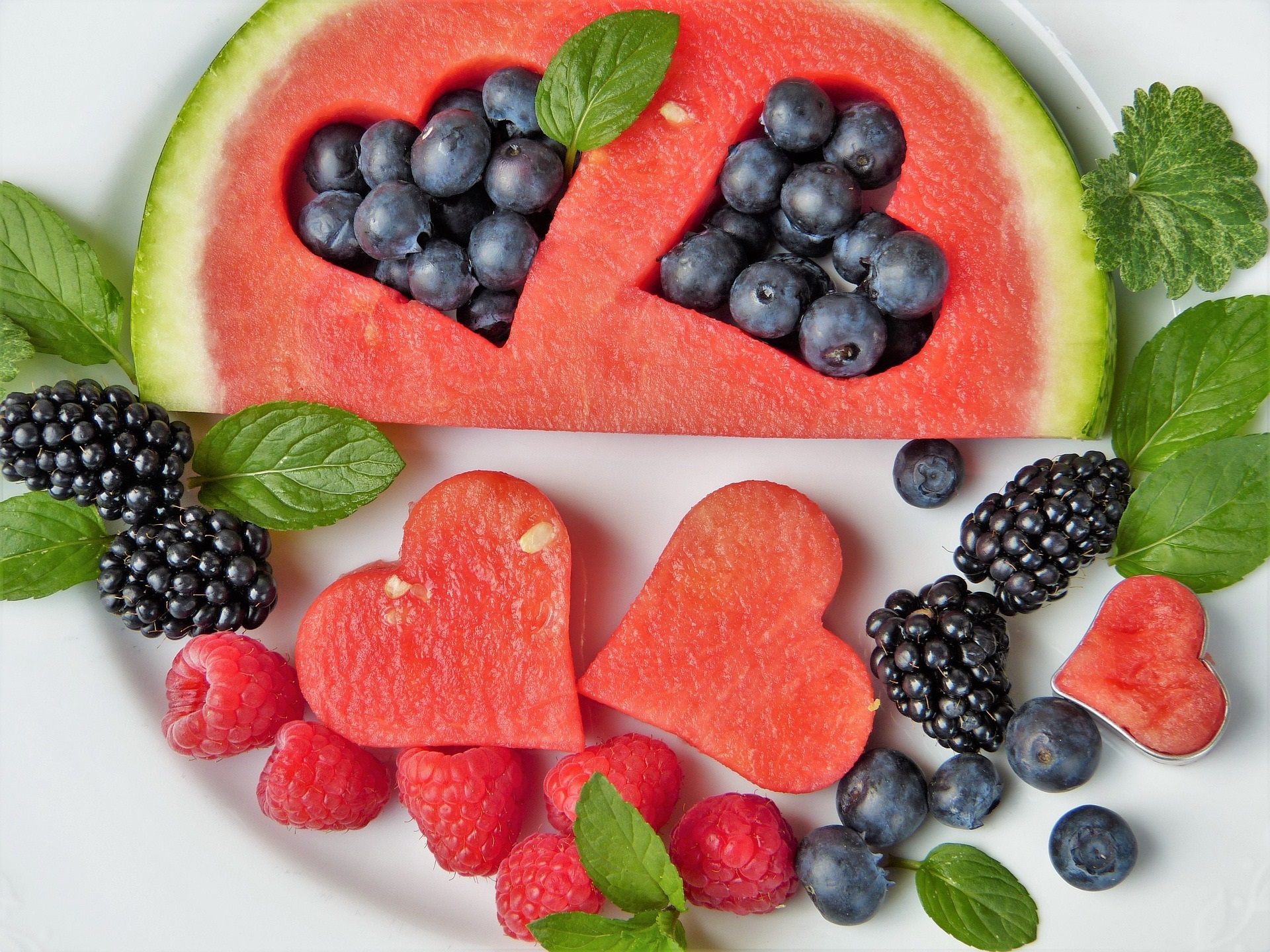 Healthy fruits heart watermelon blueberries nutrition diet