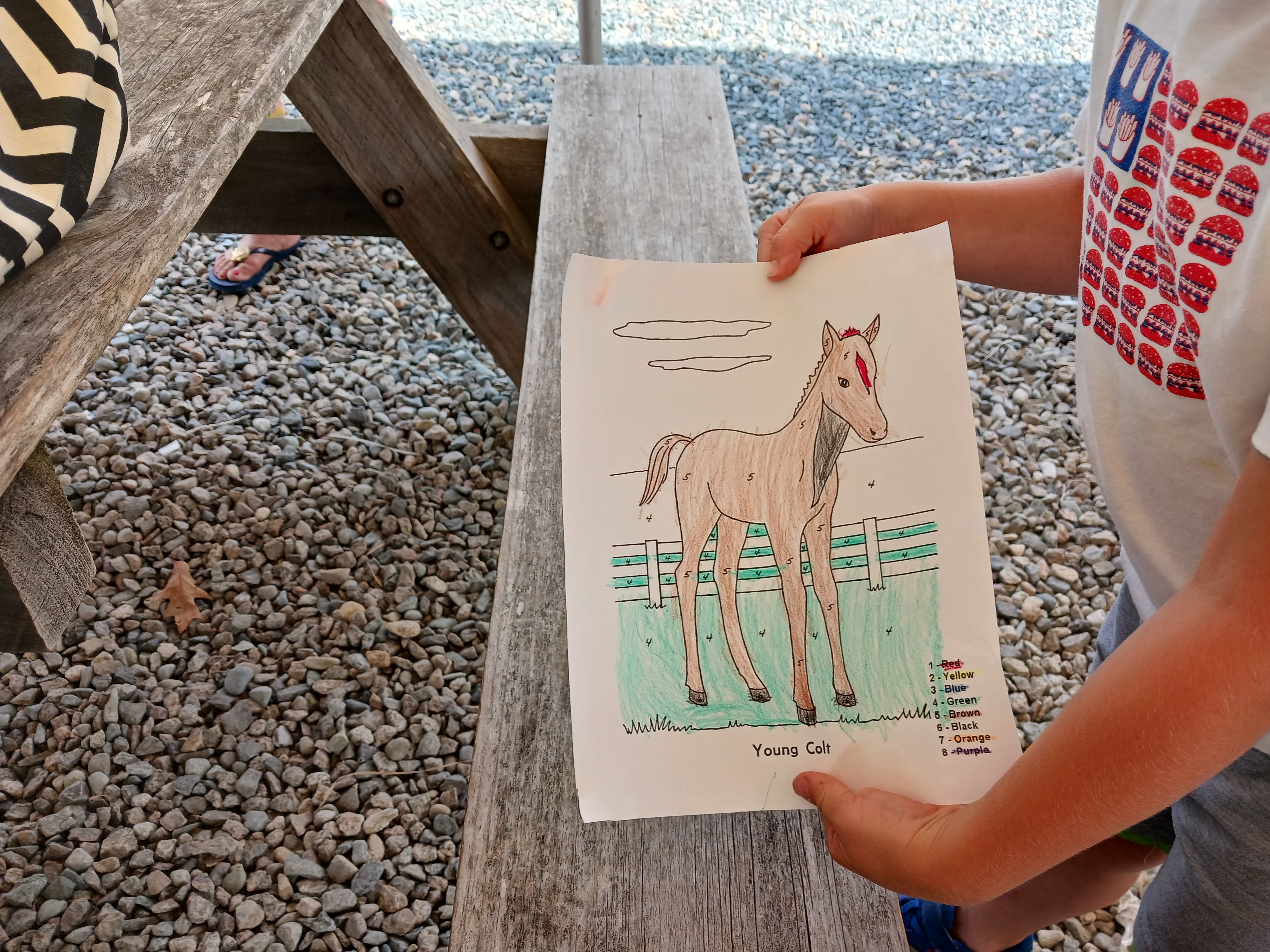 unidentified child showing a coloring page at the Farm picnic table