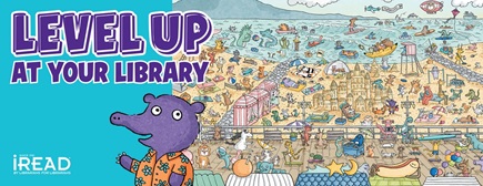 Level Up at Your Library with purple animal next to crowded illustrated beach scene