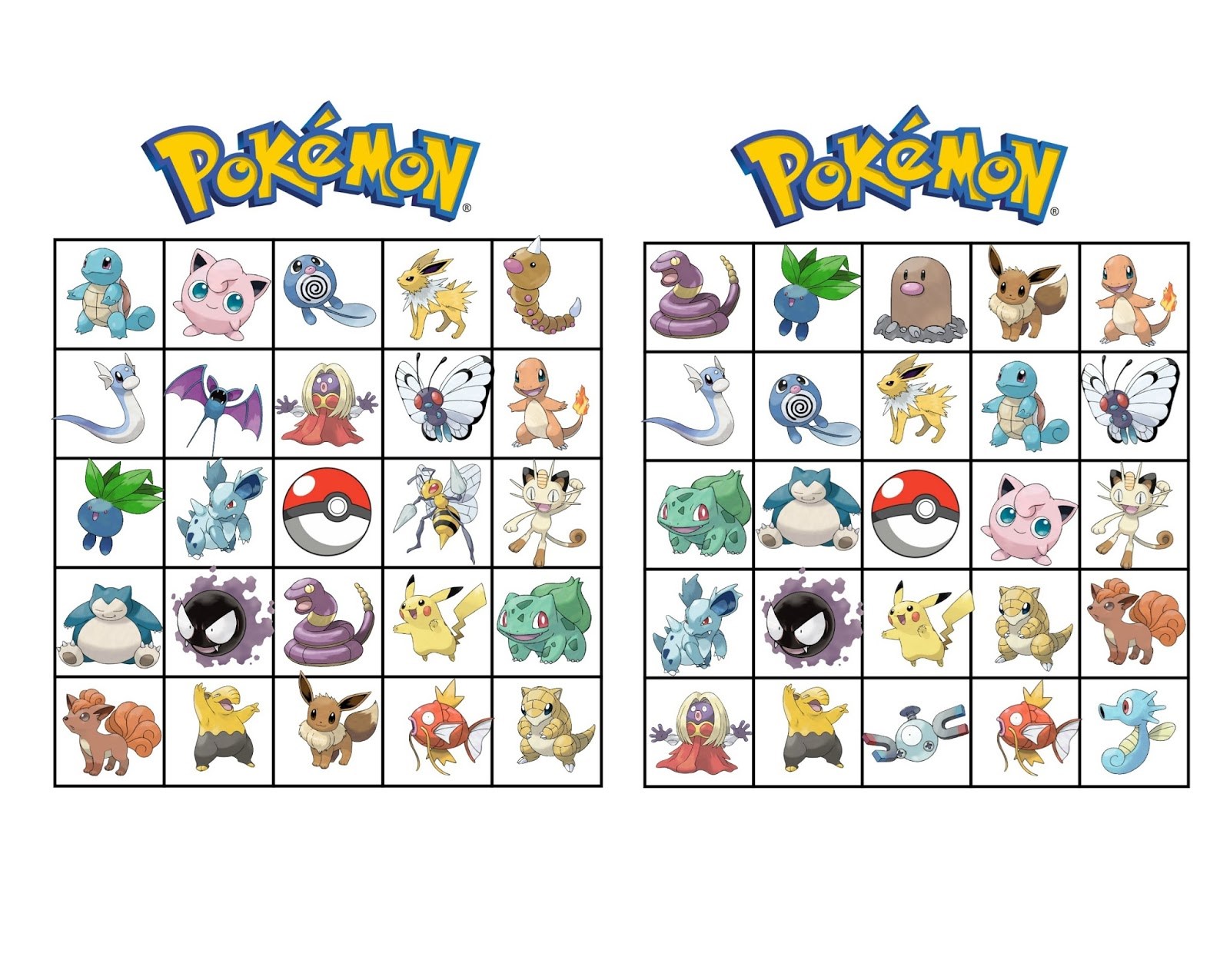 Two Pokemon bingo cards