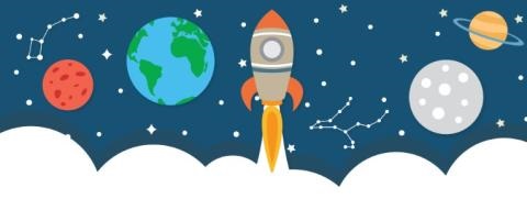 spae scene with planets and a rocket ship