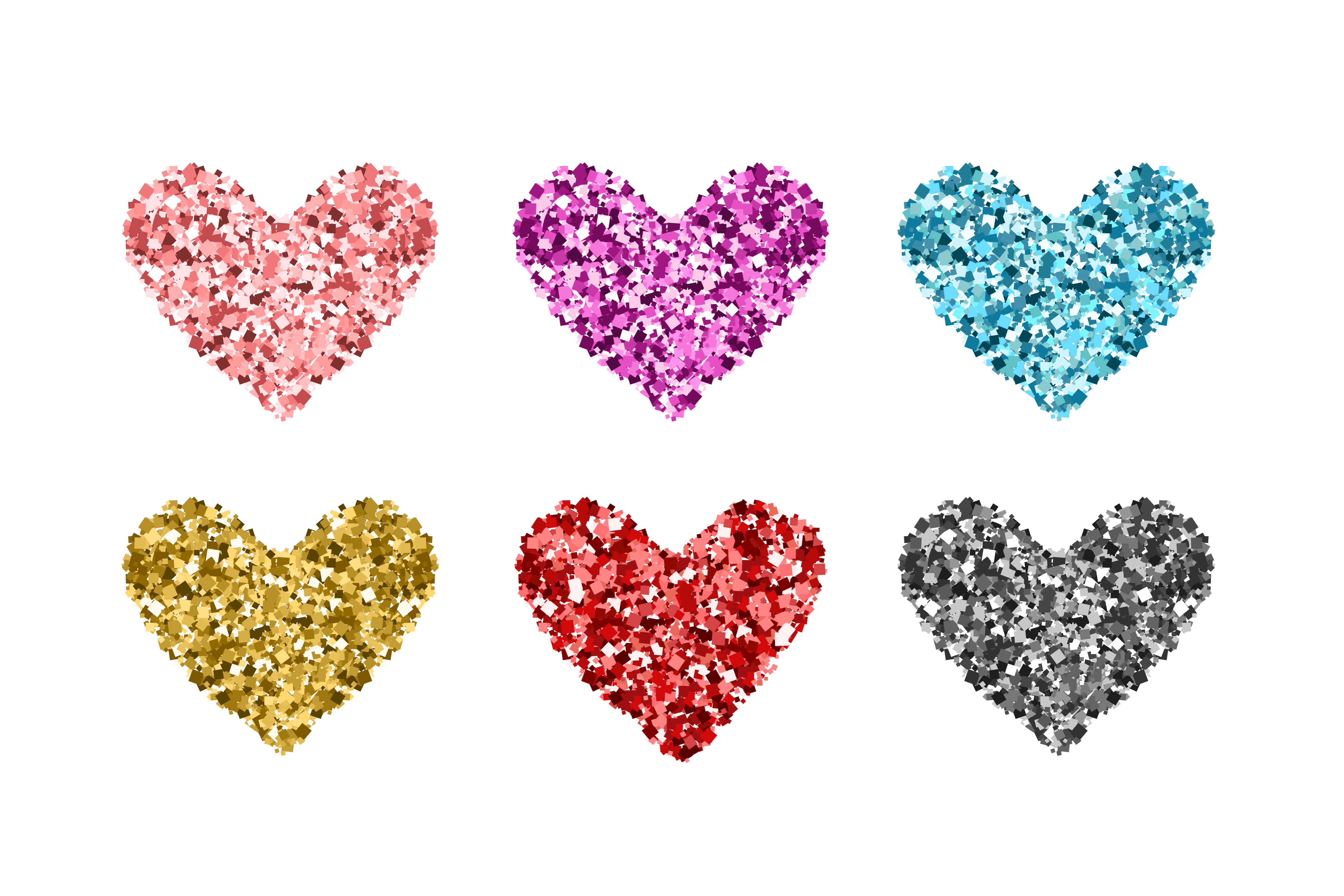 6 glittery hearts in multiple colors