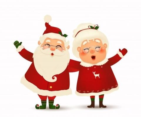 Cartoon Santa and Mrs. Claus waving