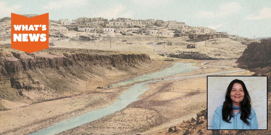 Postcard of Laguna Pueblo with inset photo of Leslie Marmon Silko Postcard of Laguna Pueblo with inset photo of Leslie Marmon Silko