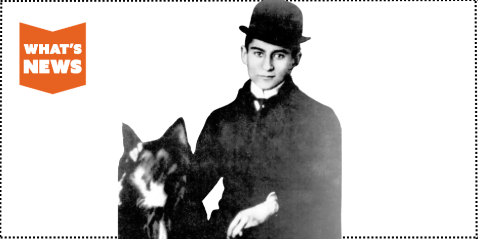 The writer Kafka in black and white, wearing a bowler's hat, with a dog
