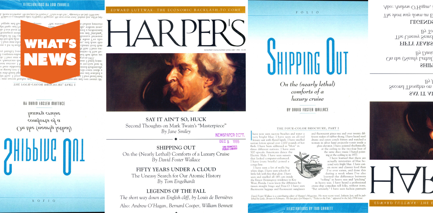 Cover of Harper's magazine, Jan 1996, and title page of article "Shippin Out"