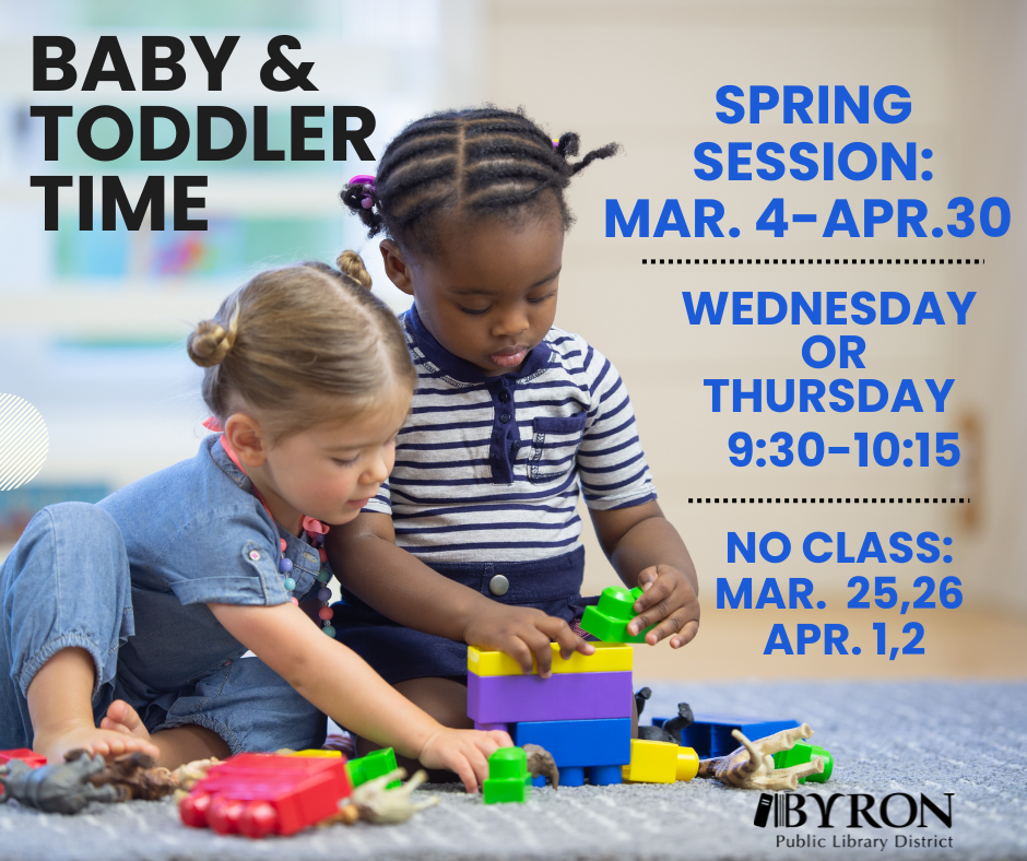 Photo of toddlers with toys and program date and time