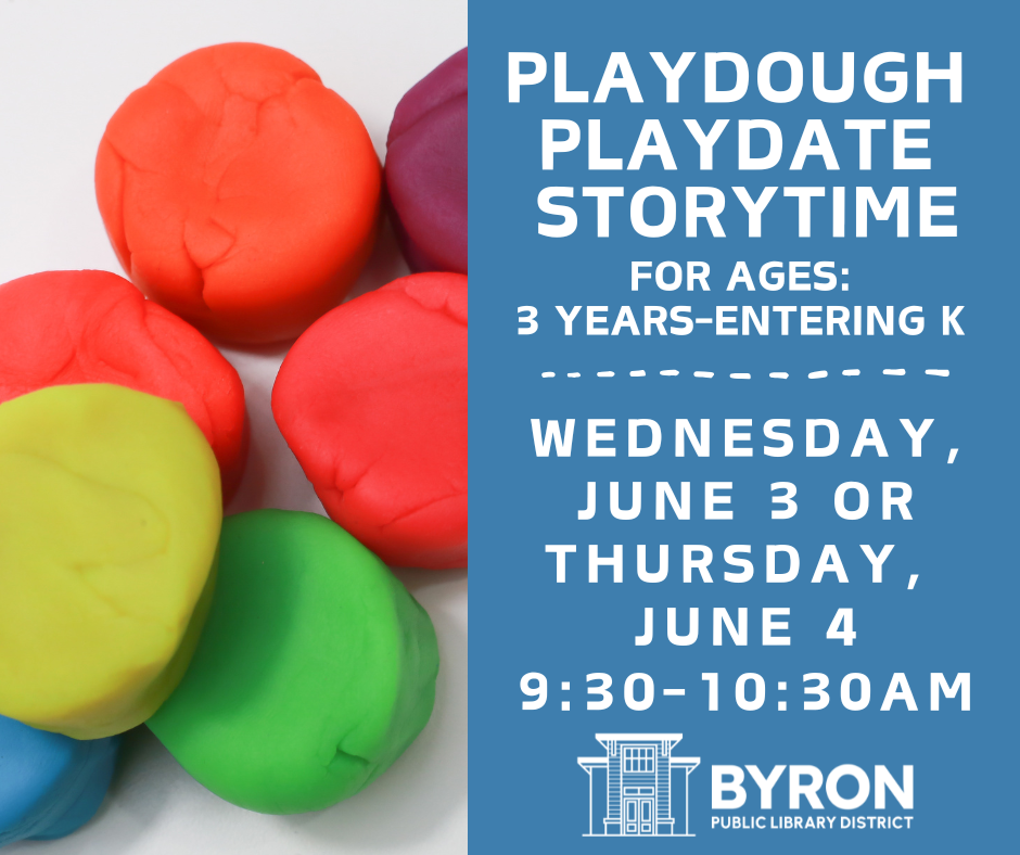 Photo of yellow, green, red, blue, orange ad purple discs of playdough with program date and time.