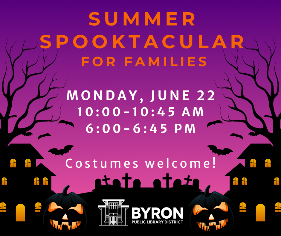Graphic of glowing haunted house and jack-o-lanterns and a graveyard with program date and time.