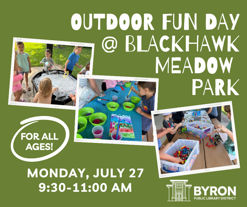 Green background with photos of bubbles, art, and zoobz with words: Outdoor Fun Day.