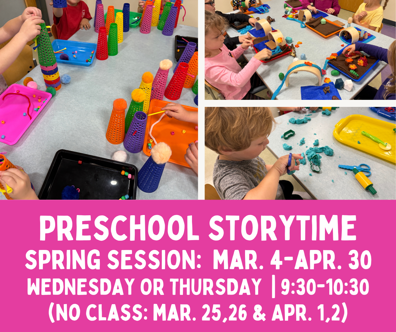 Photos of preschoolers in storytime with program dates and times.