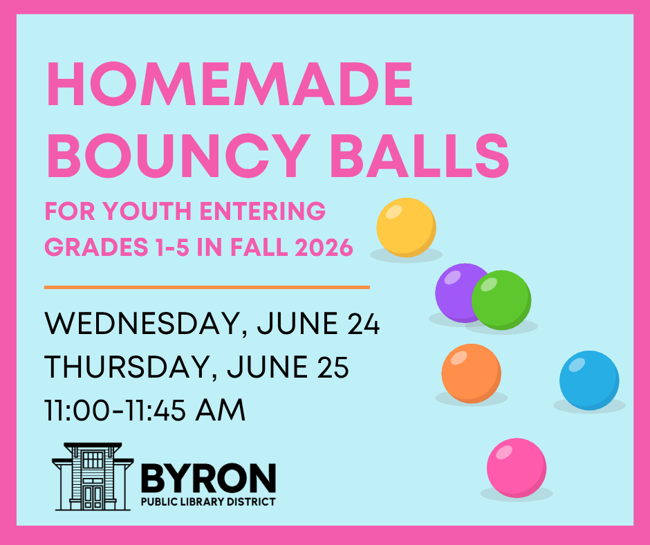 Graphic of 6 different colored bouncy balls with program date and time.