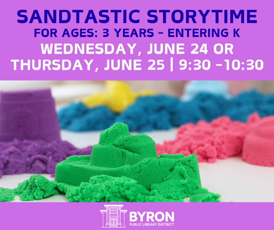 Photo of kinetic sand in green, purple, blue, and pink, with program date and time.