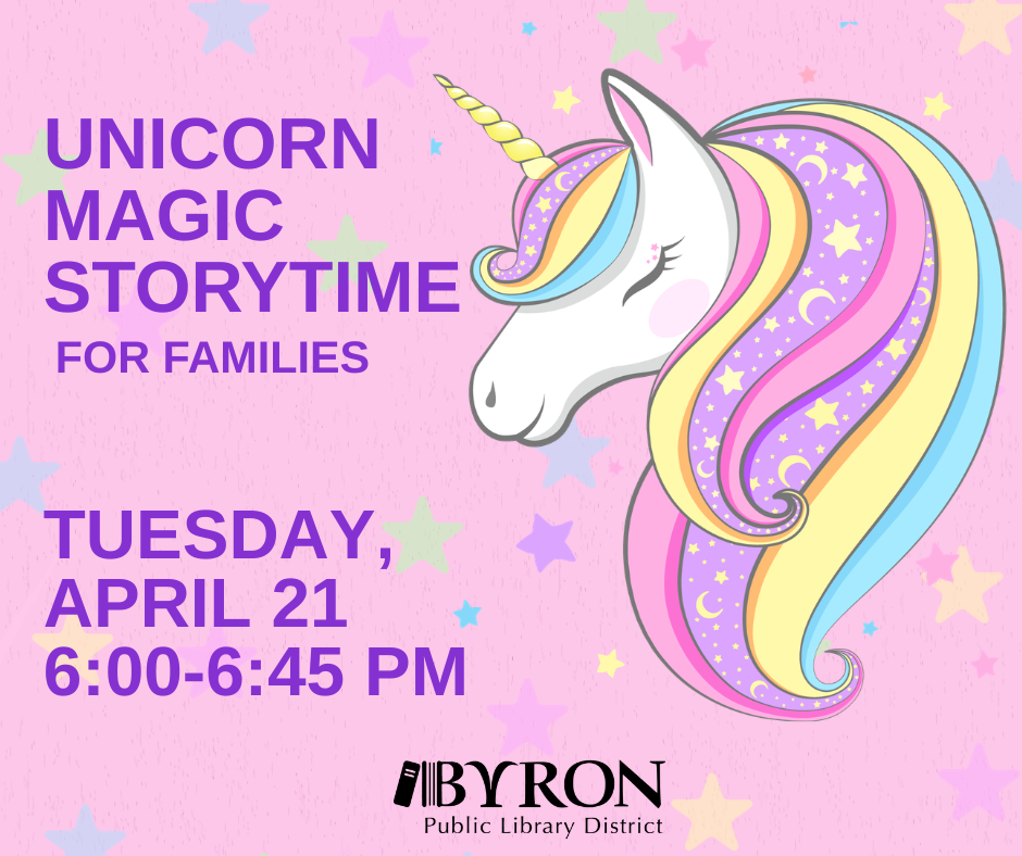 Graphic of a unicorn with program date and time.