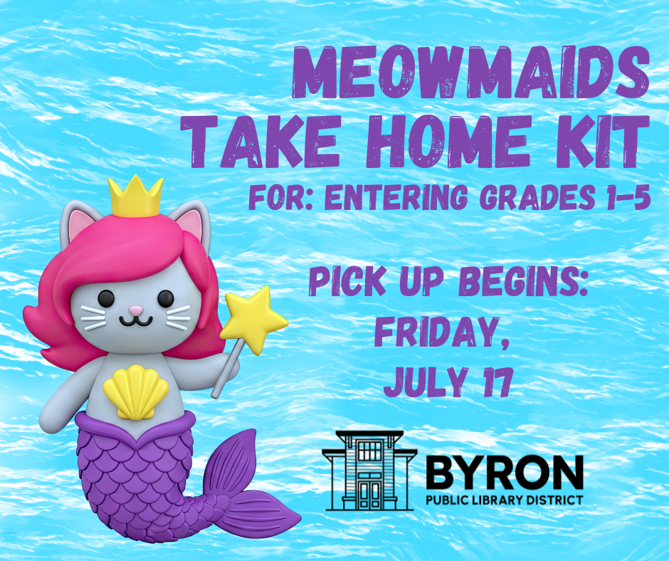 Watery blue background with a Meowmaid (cat mermaid) with the words: Mewomaids Take Home Kit.