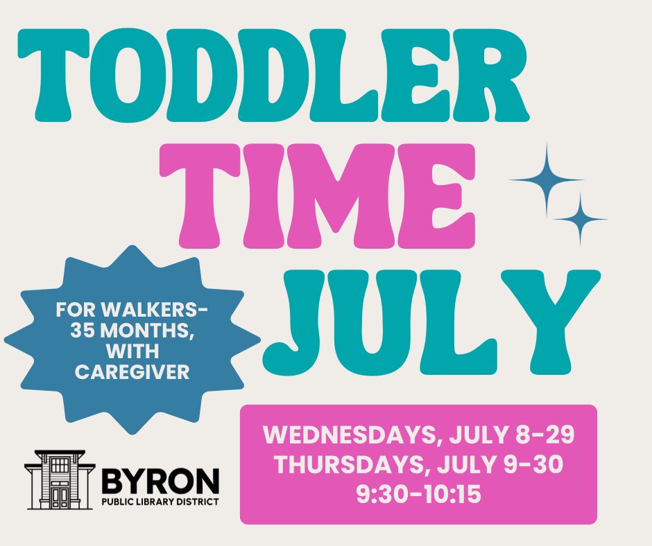 Light background with large colorful words that say: Toddler Time July