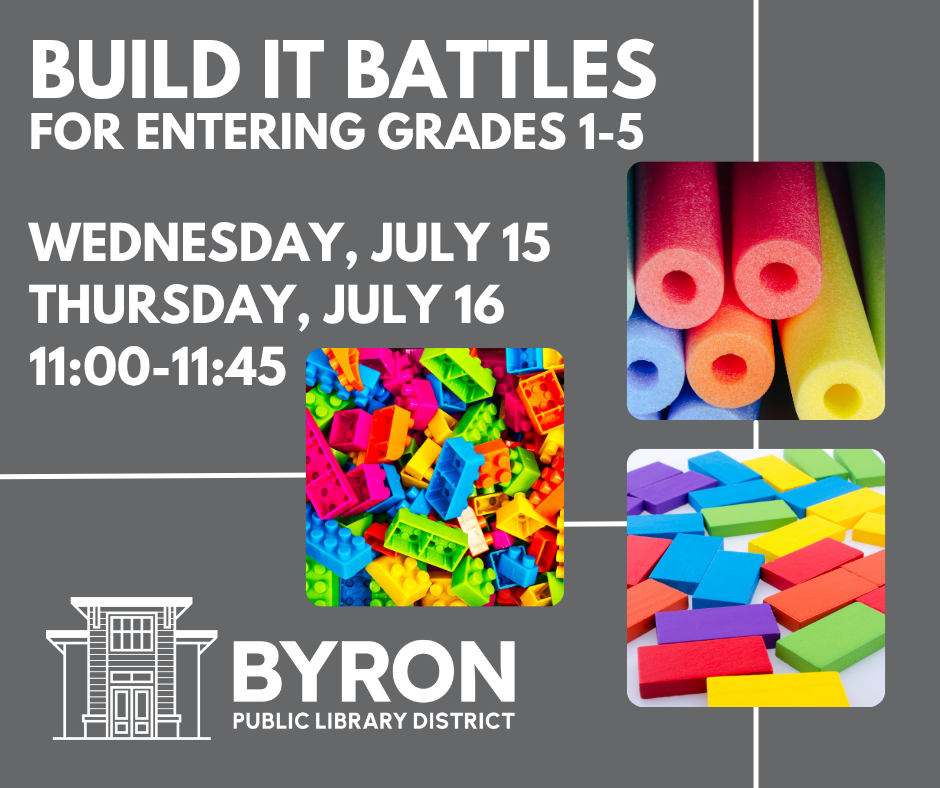 Photo of Legos, pool noodles, and rectangular blocks with words: Build It Battles.
