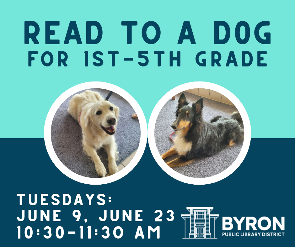 Photo of therapy dogs with Read to a Dog program dates.