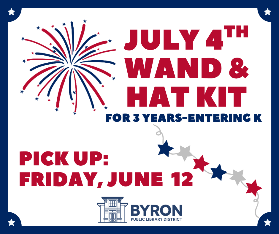 Graphic of fireworks and patriotic stars with kit pick up day and ages.
