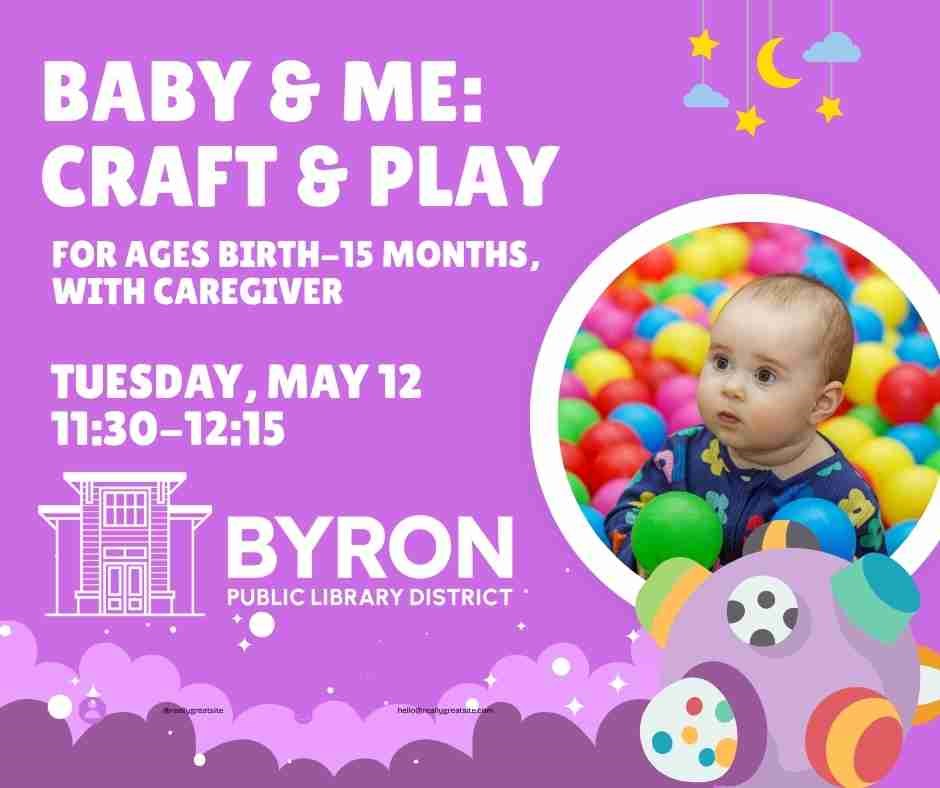 Baby in a ball pit, with program name, date, and ages.