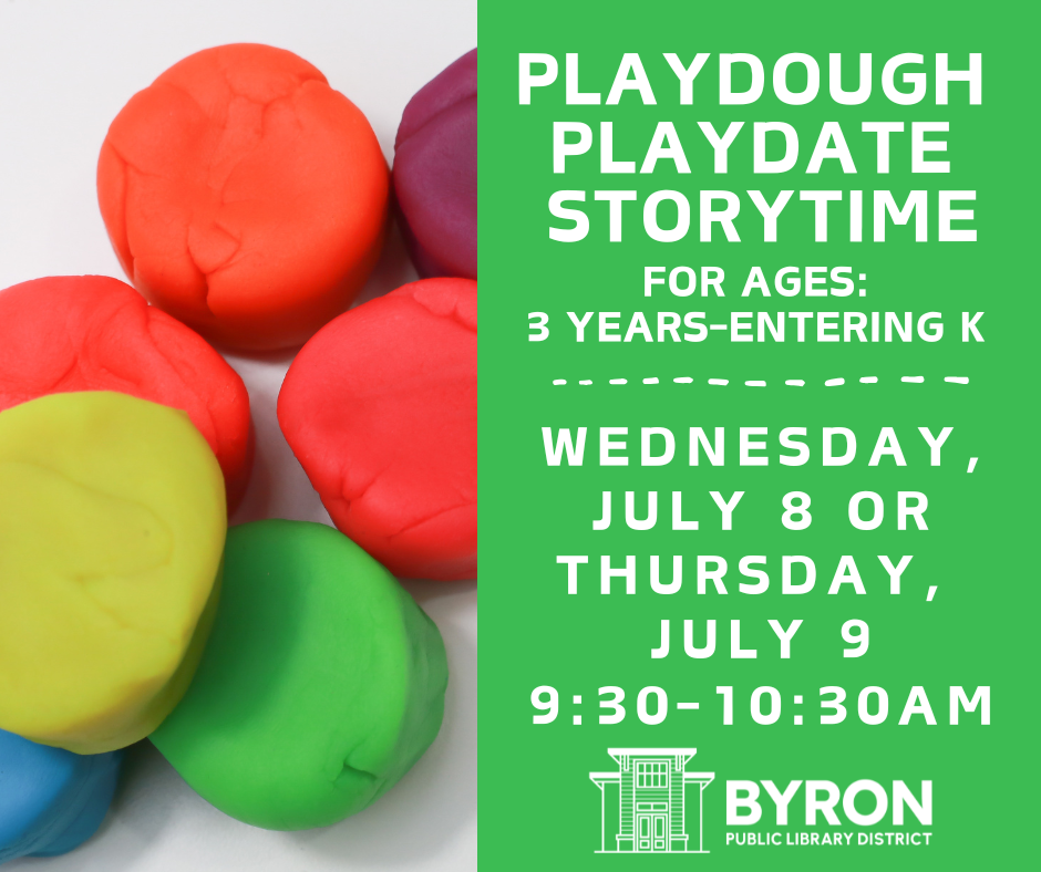 Multiple discs of colorful playdough with the words: Playdough Playdate Storytime.