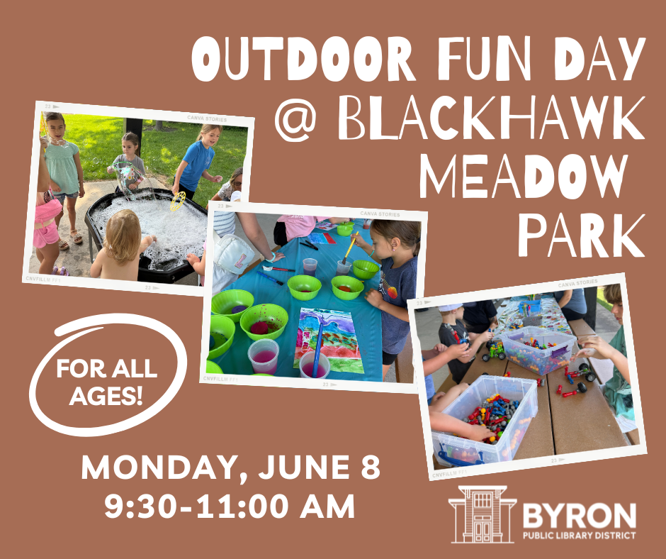 Pictures of bubble play, art projects and stem building at Blackhawk Meadow Park, with program dates.