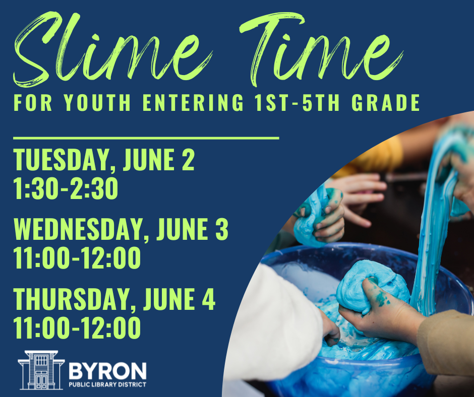 Photo of hands playing with blue slime, with program date and time.