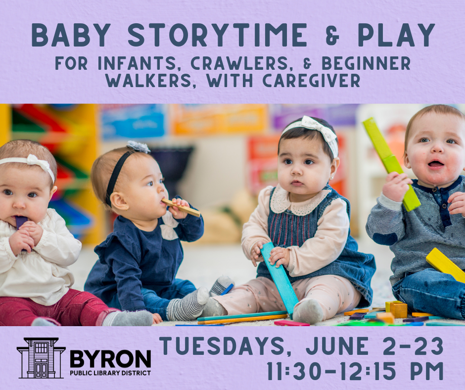 Photo of babies sitting with toys, along with program date and time.
