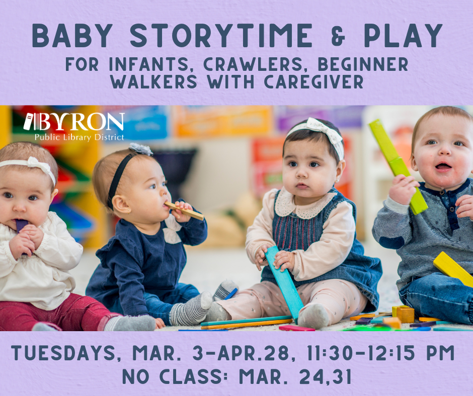 Photo of babies playing with program dates & times.