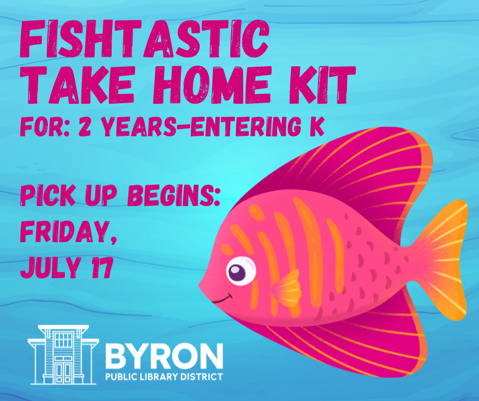 Watery blue background with large magenta and orange fish with words: Fishtastic Take Home Kit.