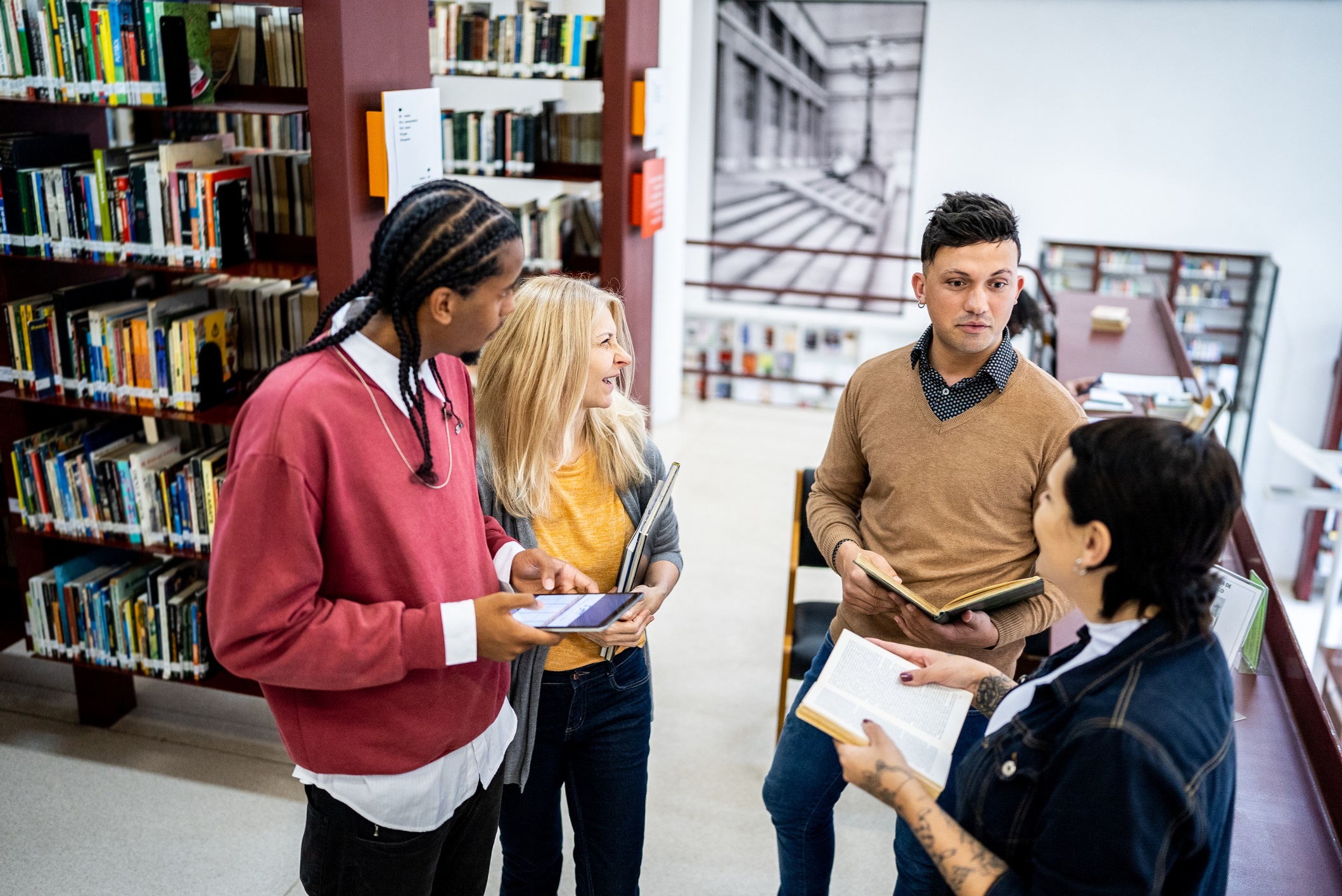 Friends Talking in the Library 