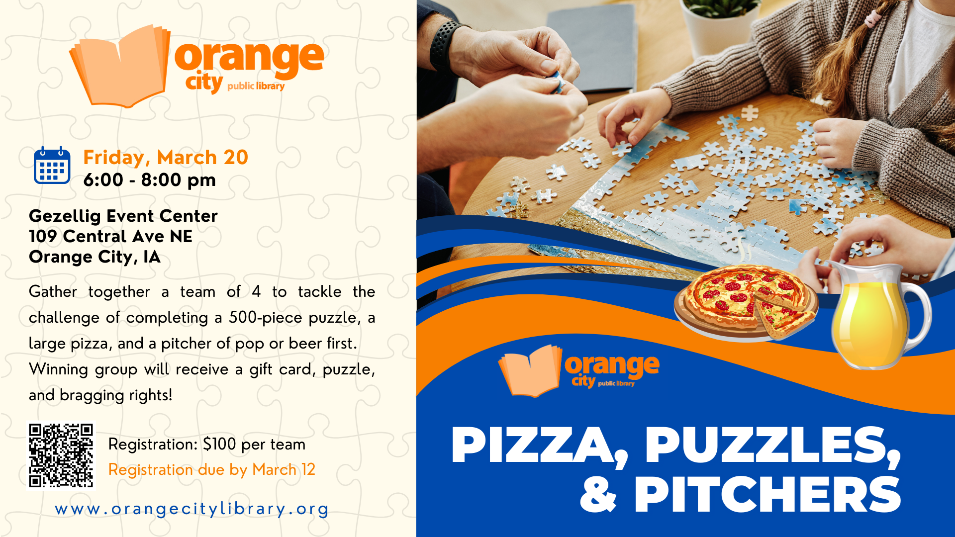 Photo of people doing a puzzle togetherto advertise the Library Pizza, Puzzles, & Pitchers event