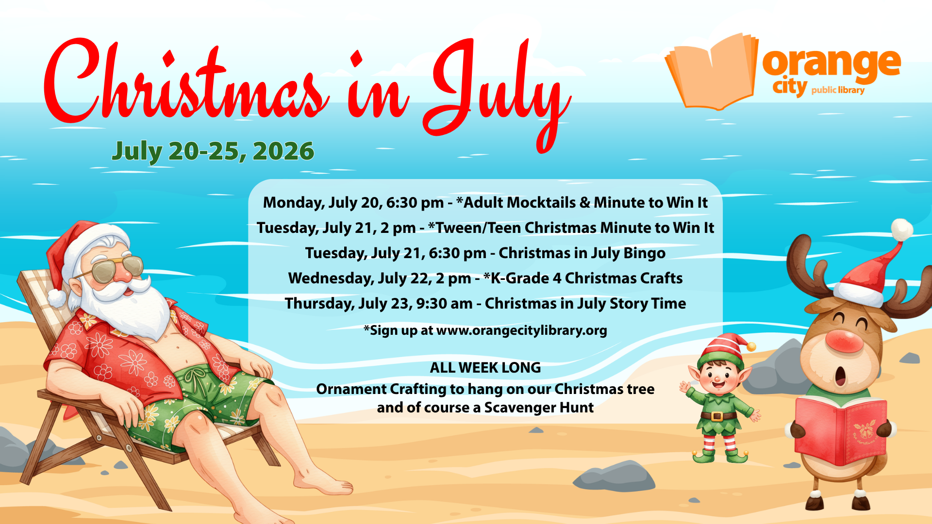 Santa sitting in a chair on the beach, a reindeer singing from a book and an elf waving