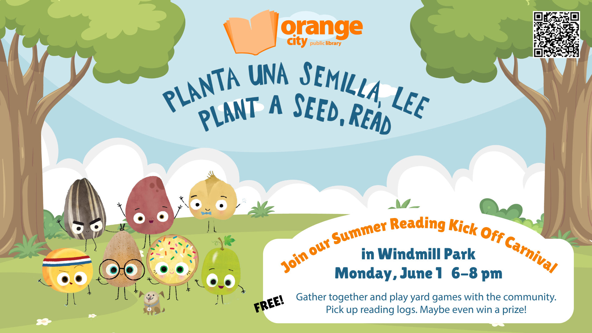 Image of food characters in a park with summer reading theme: Plannt a Seed, Read