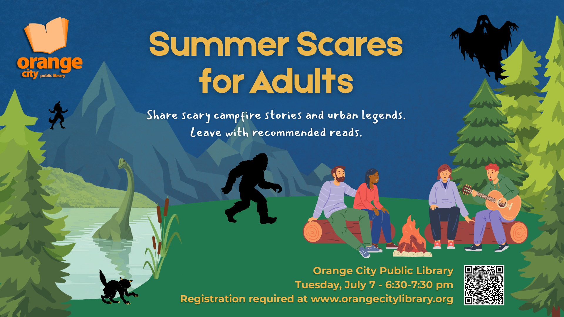 clipart of people sitting around a campire with a lochness monster, bigfoot and other creepy creatures in the background