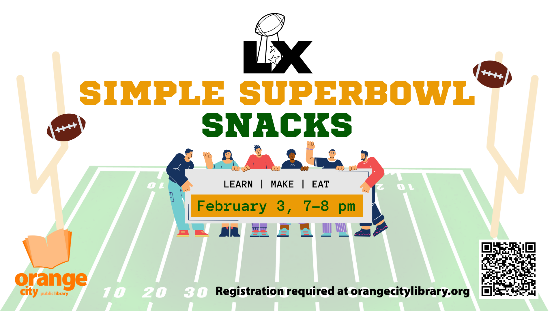 Image advertising the library's Simple Superbowl Snacks event happening February 3 at 7pm