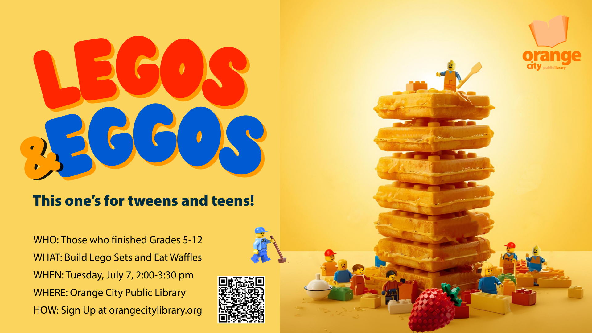 Stack of waffles surrounded by Lego people, blocks and a strawberry