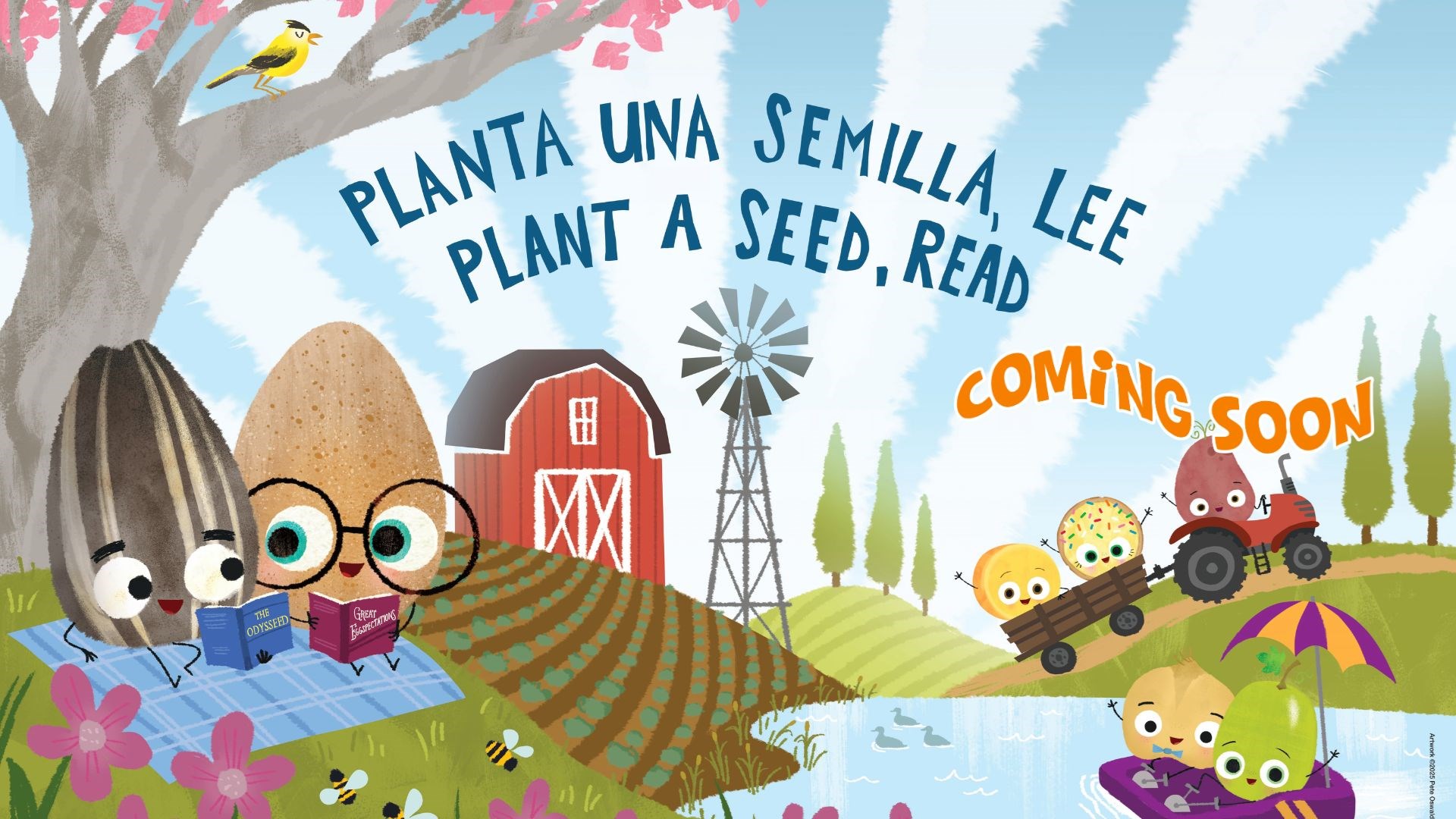 Image of animated food on a farm, reading on a blanket, riding on a tractor, and floating