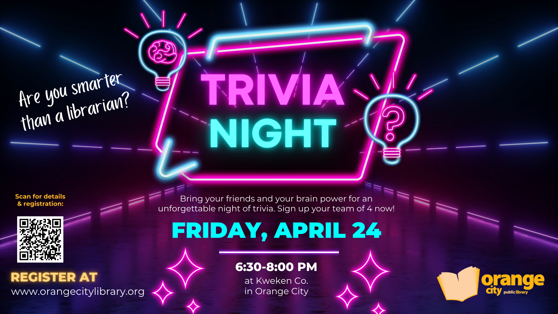 neon lights highlighting Trivia Night hosted by the library