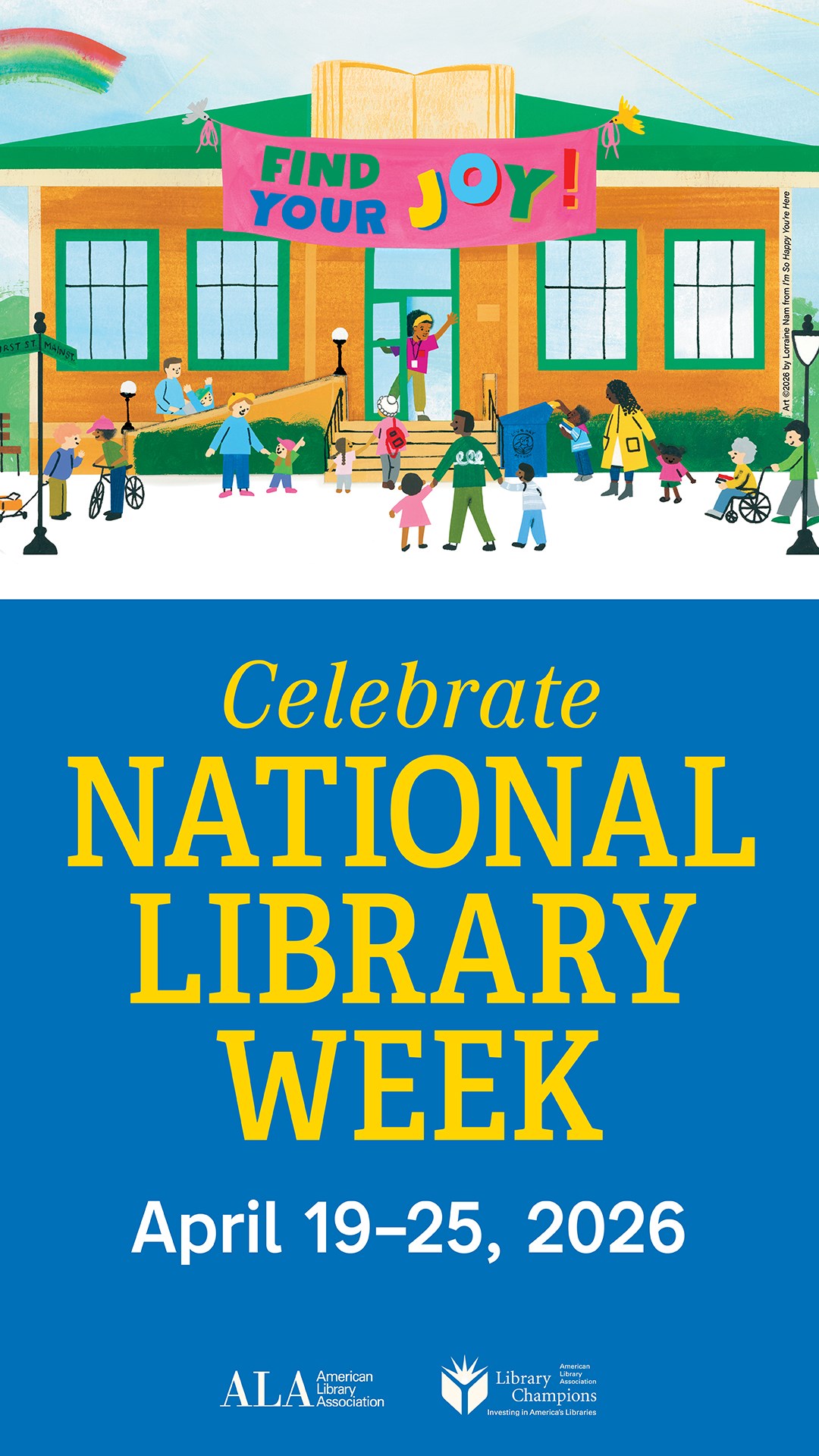 illustration of kids around a library for National Library Week