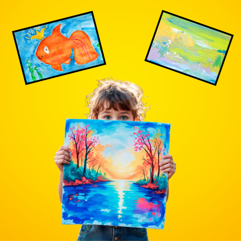 stundent holding a painting of a forest. A painting of a fish and abstract landscape are also present in this image.