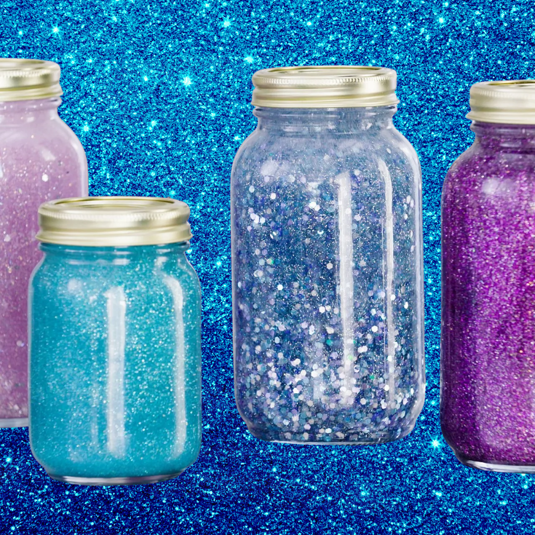 mason jars containing glitter and liquid