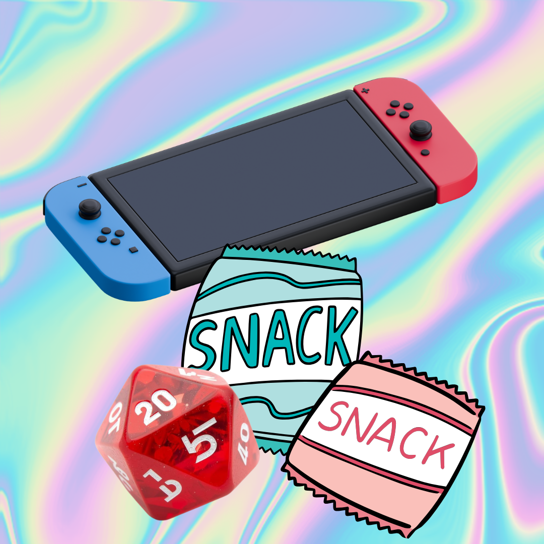 switch handheld console, dnd dice and two packages of generic "snack" bags