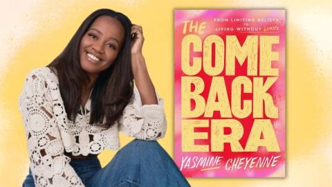 Author Yasmine Cheyenne smiling next to book cover of "THe Come Back Era" 